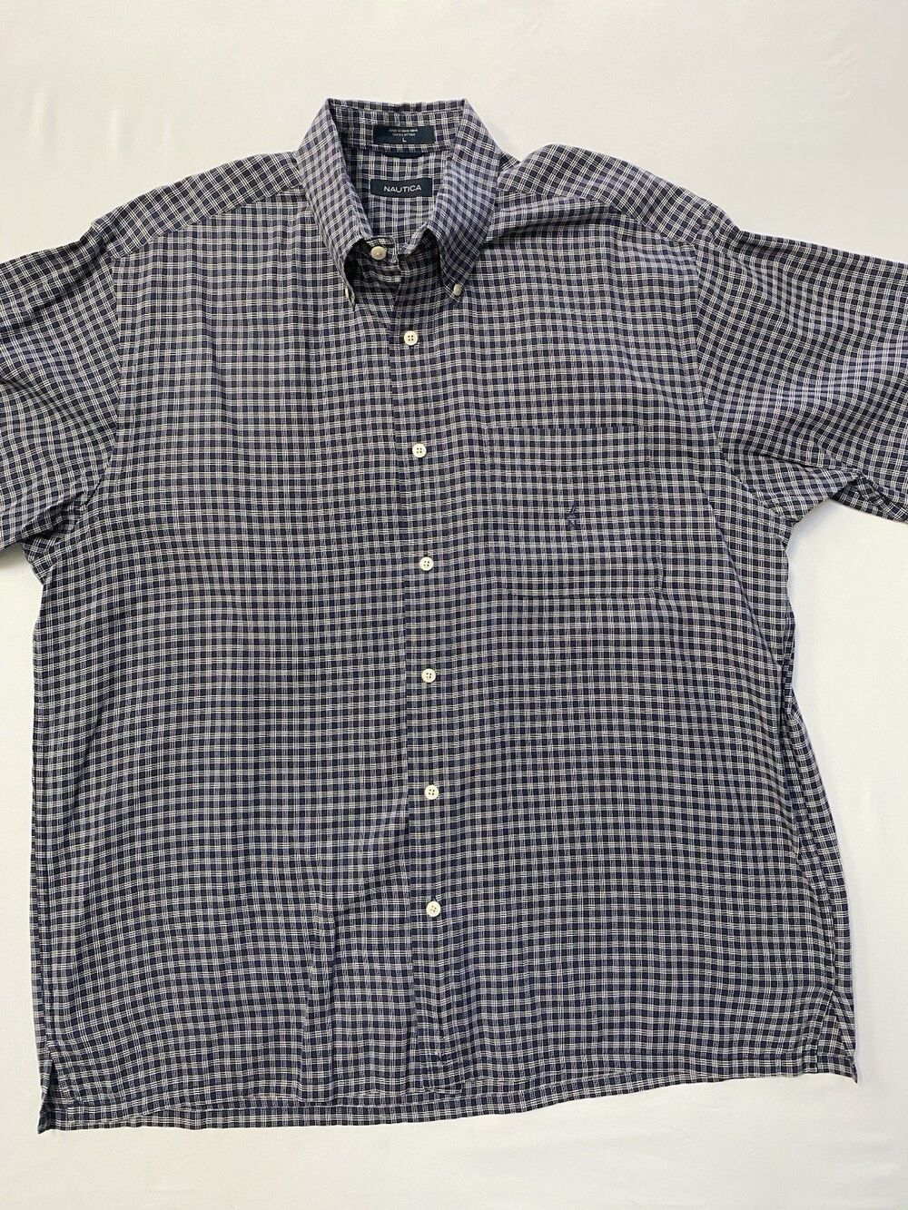 Nautica Men's Blue & White Gingham Short Sleeve Button-Down Shirt 100% Cotton L